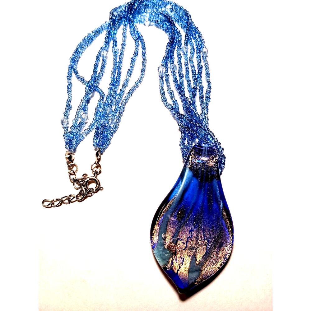 Artesian Collection Matinee Necklace Blue Blown Glass Gold Pendant Seeded Beads